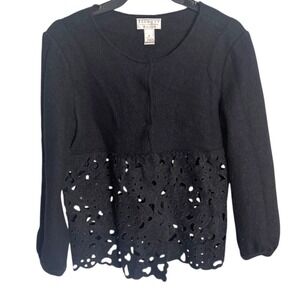 Talbots Collection Black Wool Laser Cut Out Floral Detail‎ Sweater Medium